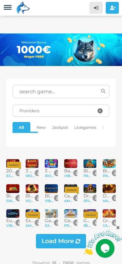 Wolfy Casino games area on a mobile device