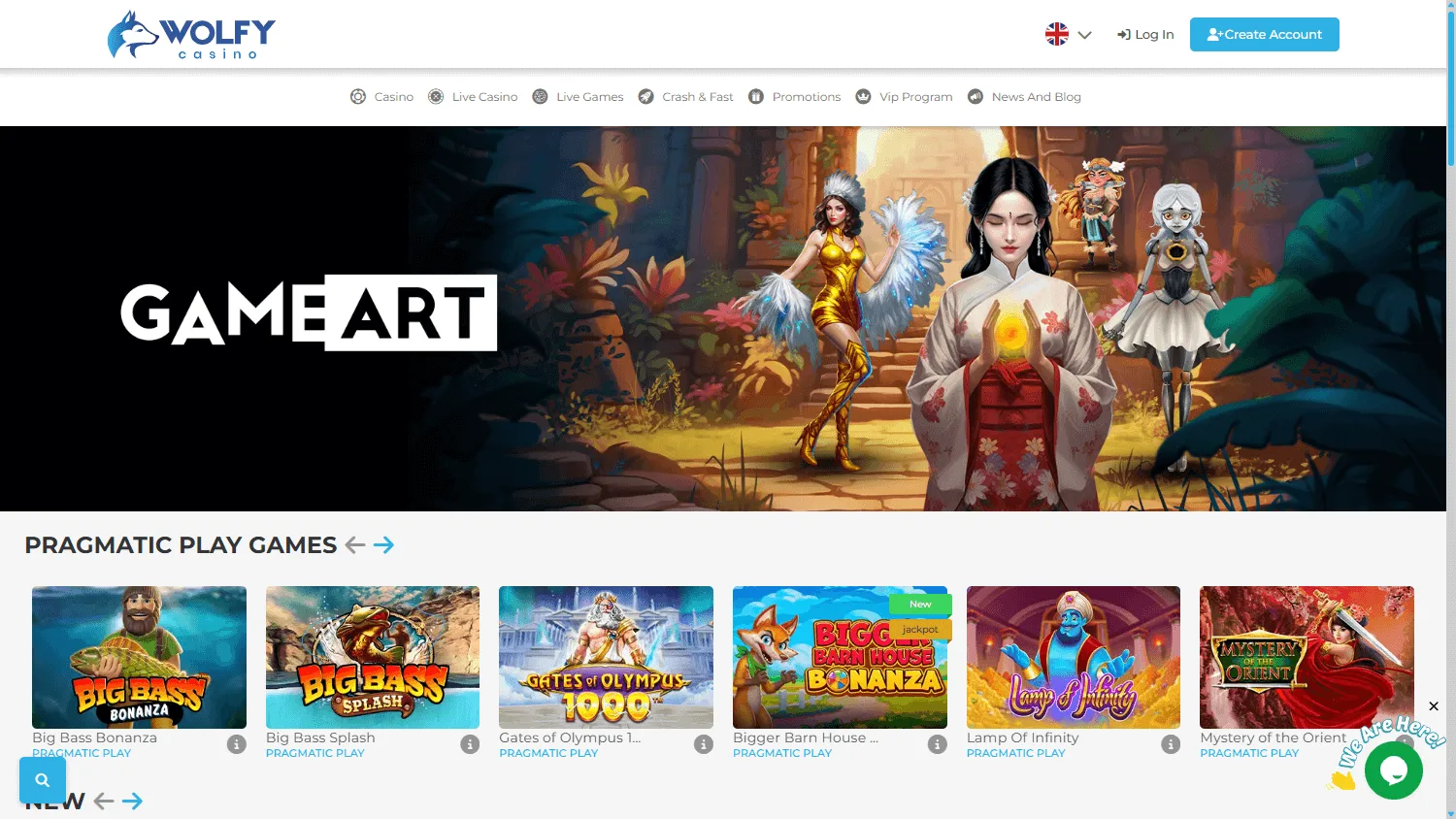 Wolfy Casino home page on desktop