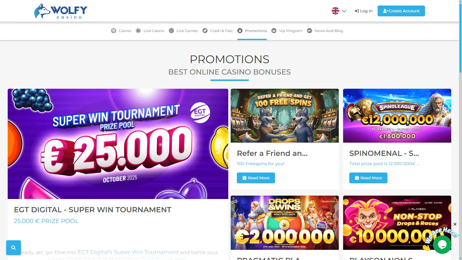 Wolfy Casino promotions area on desktop