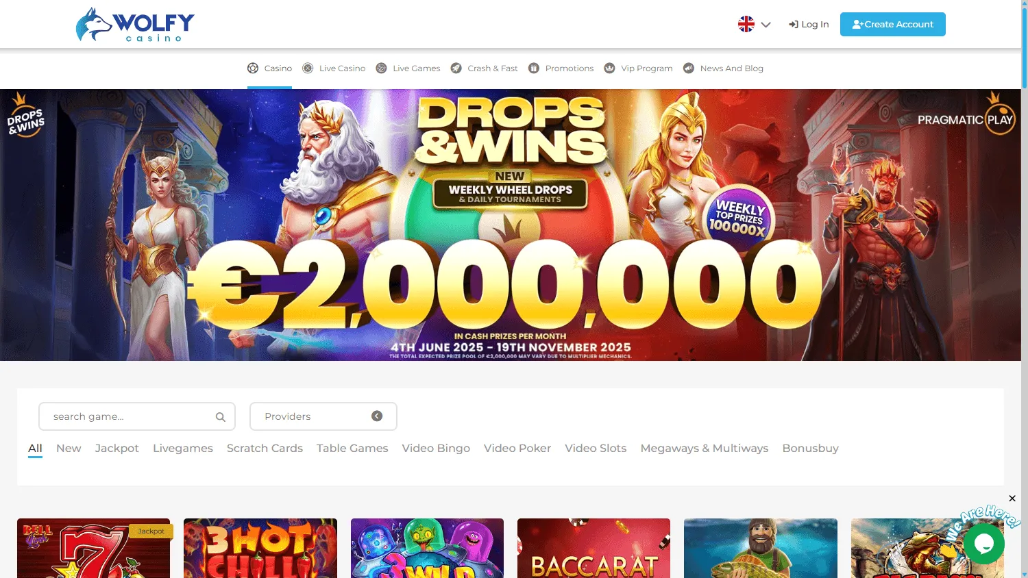 Wolfy Casino games area on desktop